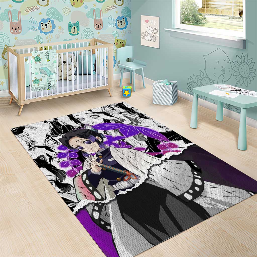 Shinobu Kocho Demon Slayer Butterfly Theme Area Rug with Purple Accents and Manga Collage Design - The Mazicc