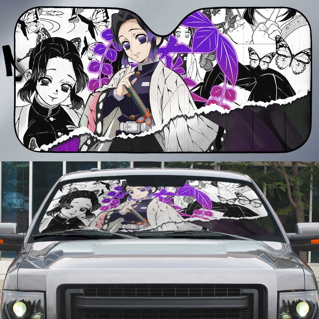Shinobu Kocho Demon Slayer Butterfly Theme Auto Sun Shade with Purple Accents and Manga Collage Design - The Mazicc