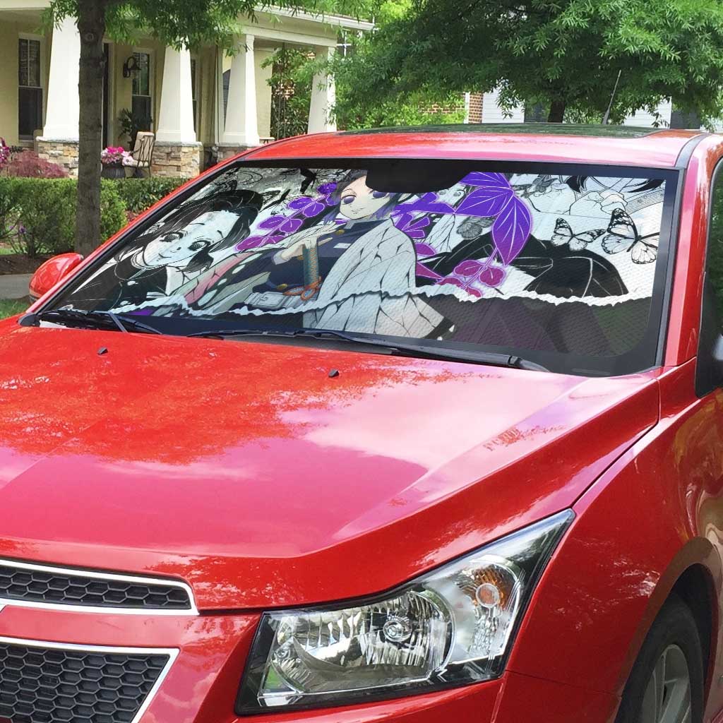 Shinobu Kocho Demon Slayer Butterfly Theme Auto Sun Shade with Purple Accents and Manga Collage Design - The Mazicc