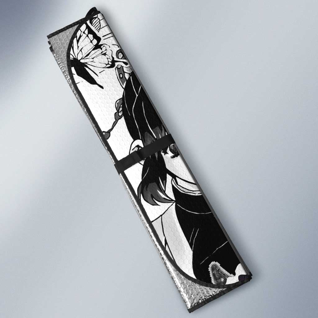 Shinobu Kocho Demon Slayer Butterfly Theme Auto Sun Shade with Purple Accents and Manga Collage Design - The Mazicc