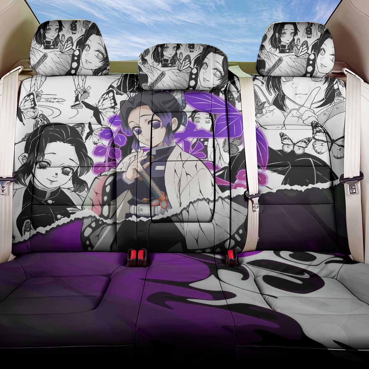 Shinobu Kocho Demon Slayer Butterfly Theme Back Car Seat Cover with Purple Accents and Manga Collage Design - The Mazicc