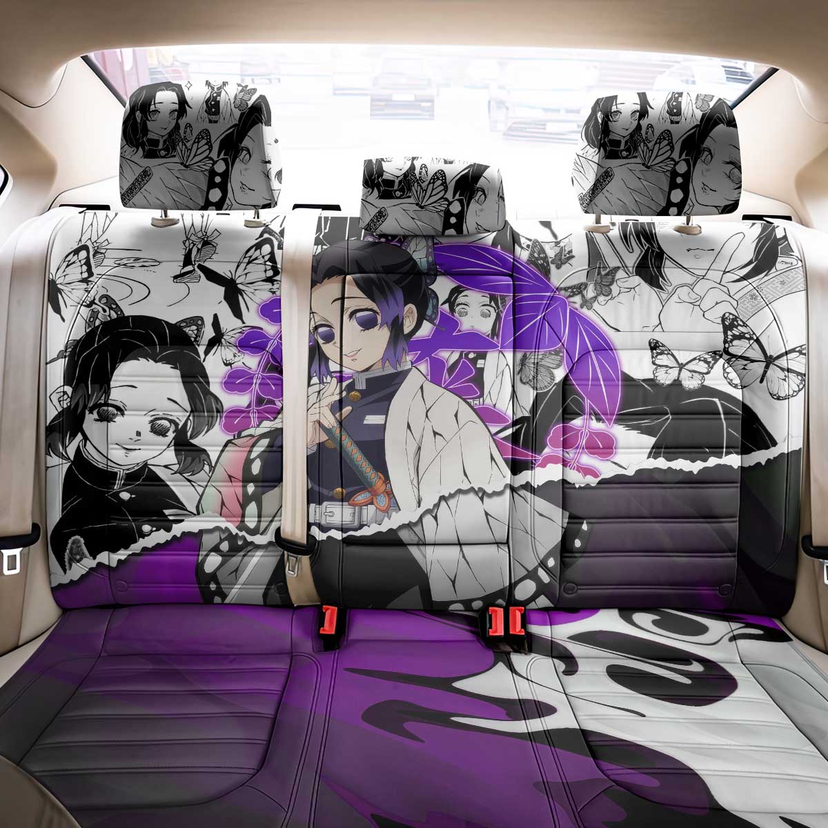 Shinobu Kocho Demon Slayer Butterfly Theme Back Car Seat Cover with Purple Accents and Manga Collage Design - The Mazicc