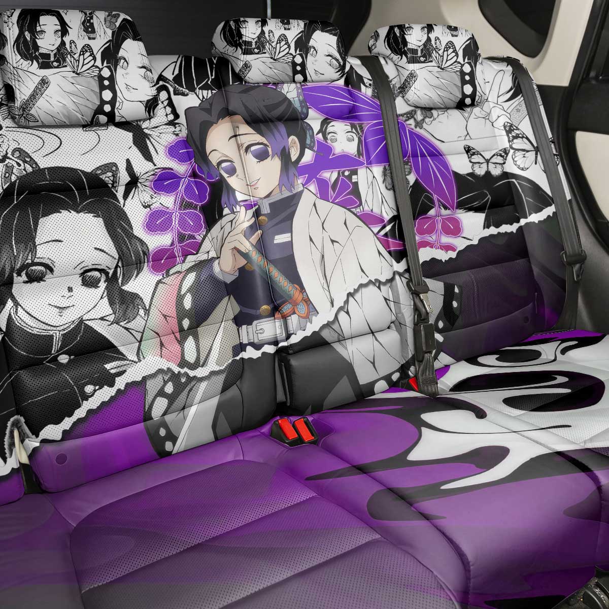 Shinobu Kocho Demon Slayer Butterfly Theme Back Car Seat Cover with Purple Accents and Manga Collage Design - The Mazicc