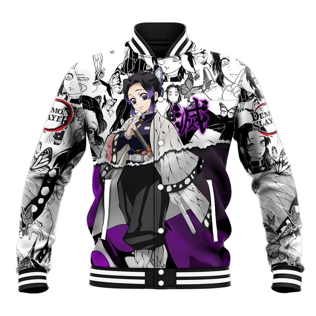 Shinobu Kocho Demon Slayer Butterfly Theme Baseball Jacket with Purple Accents and Manga Collage Design - The Mazicc