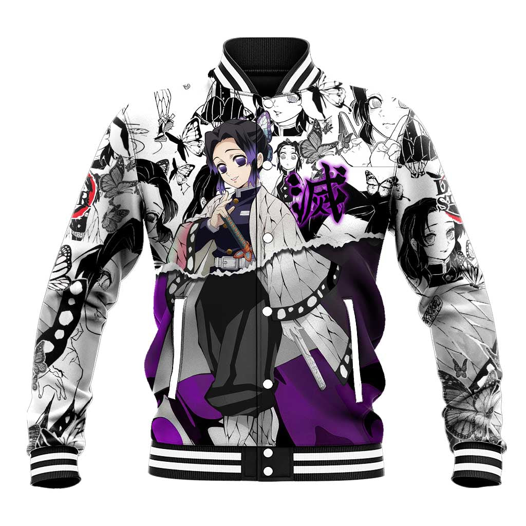 Shinobu Kocho Demon Slayer Butterfly Theme Baseball Jacket with Purple Accents and Manga Collage Design - The Mazicc