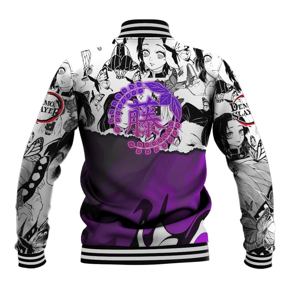 Shinobu Kocho Demon Slayer Butterfly Theme Baseball Jacket with Purple Accents and Manga Collage Design - The Mazicc