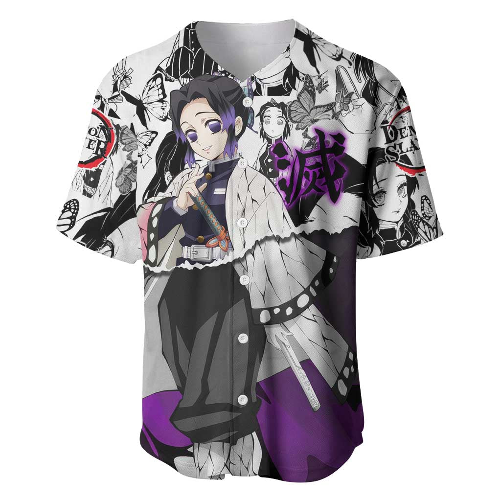 Shinobu Kocho Demon Slayer Butterfly Theme Baseball Jersey with Purple Accents and Manga Collage Design - The Mazicc