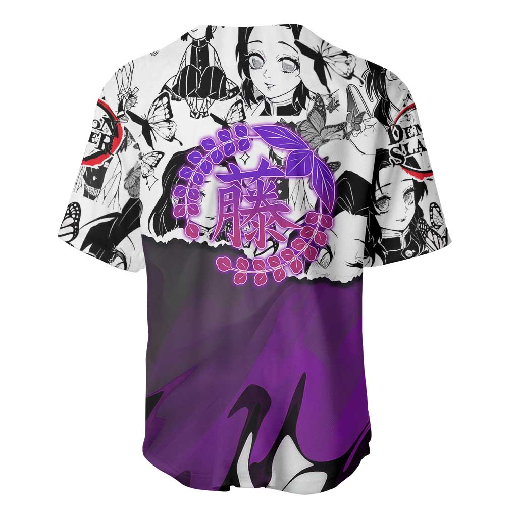 Shinobu Kocho Demon Slayer Butterfly Theme Baseball Jersey with Purple Accents and Manga Collage Design - The Mazicc