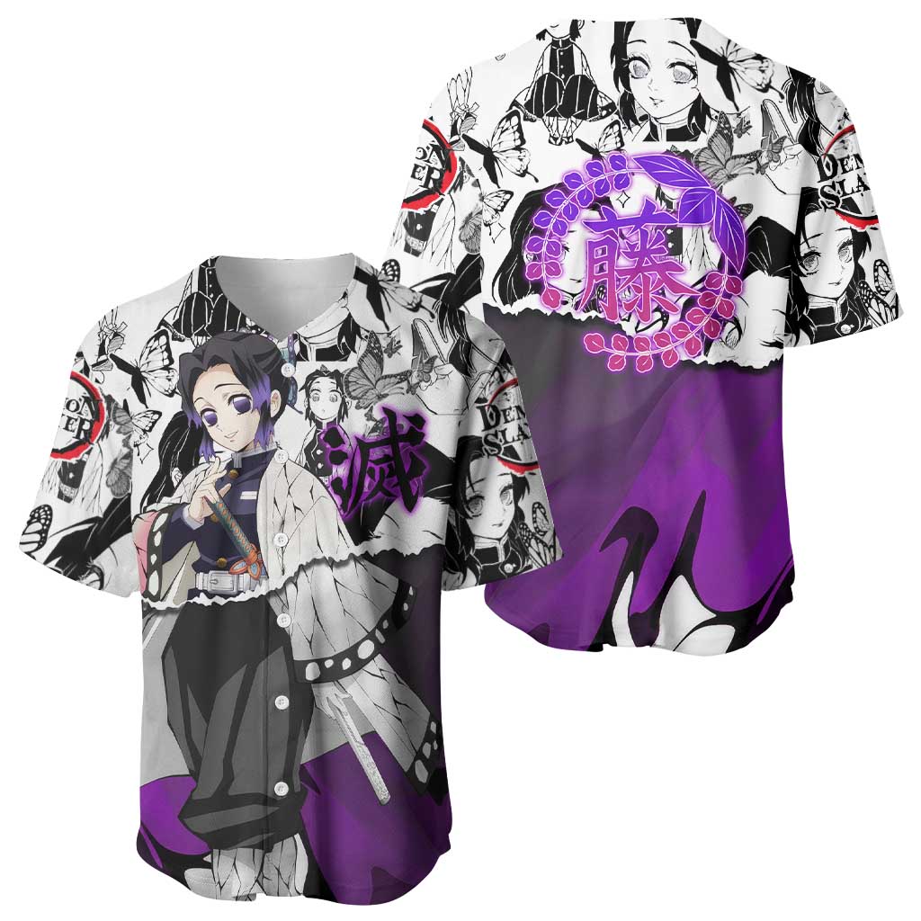 Shinobu Kocho Demon Slayer Butterfly Theme Baseball Jersey with Purple Accents and Manga Collage Design - The Mazicc