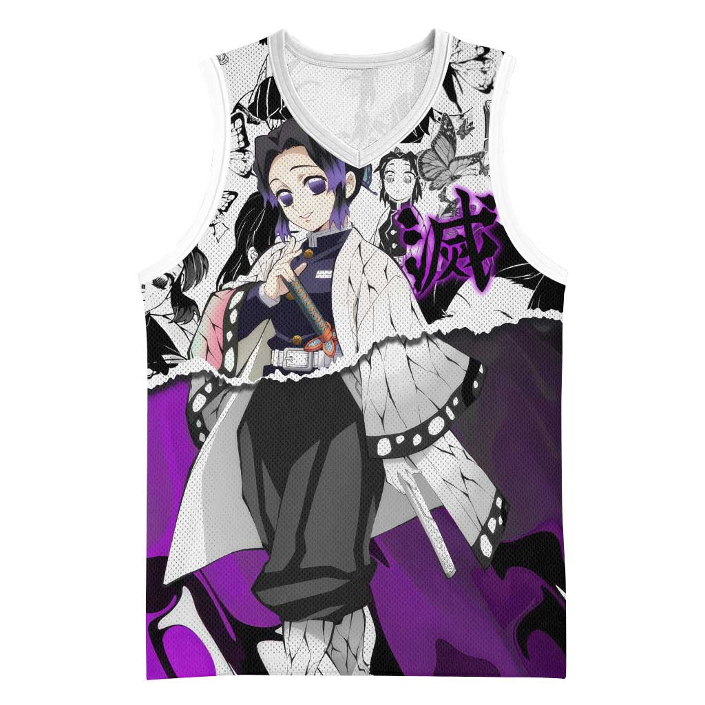 Shinobu Kocho Demon Slayer Butterfly Theme Basketball Jersey with Purple Accents and Manga Collage Design - The Mazicc