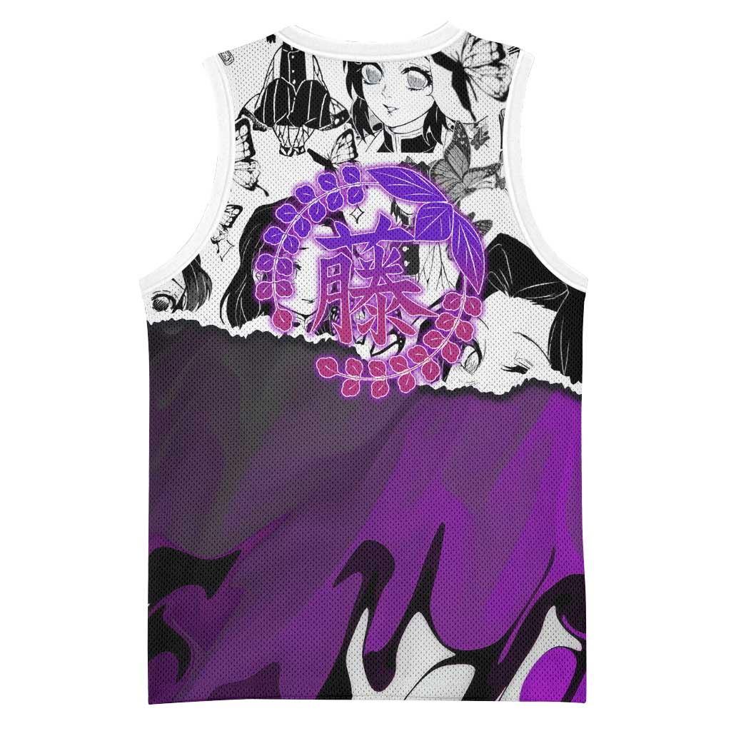 Shinobu Kocho Demon Slayer Butterfly Theme Basketball Jersey with Purple Accents and Manga Collage Design - The Mazicc