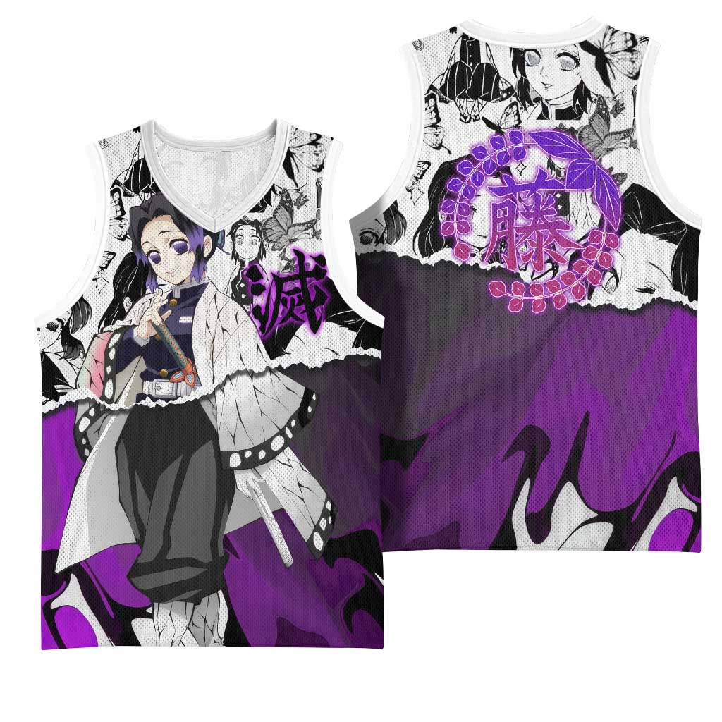 Shinobu Kocho Demon Slayer Butterfly Theme Basketball Jersey with Purple Accents and Manga Collage Design - The Mazicc