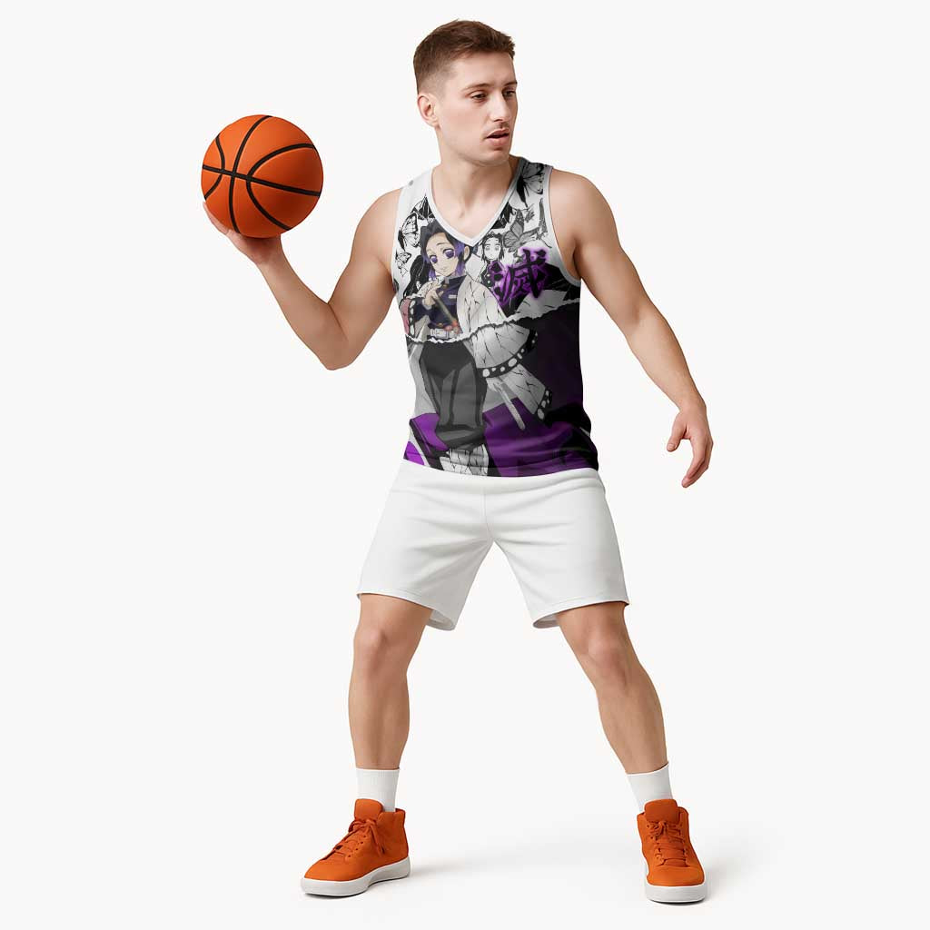 Shinobu Kocho Demon Slayer Butterfly Theme Basketball Jersey with Purple Accents and Manga Collage Design - The Mazicc