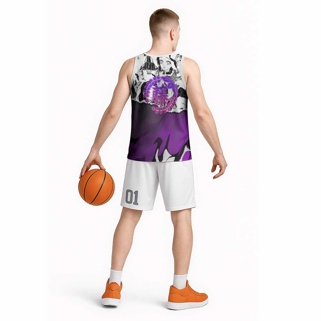 Shinobu Kocho Demon Slayer Butterfly Theme Basketball Jersey with Purple Accents and Manga Collage Design - The Mazicc