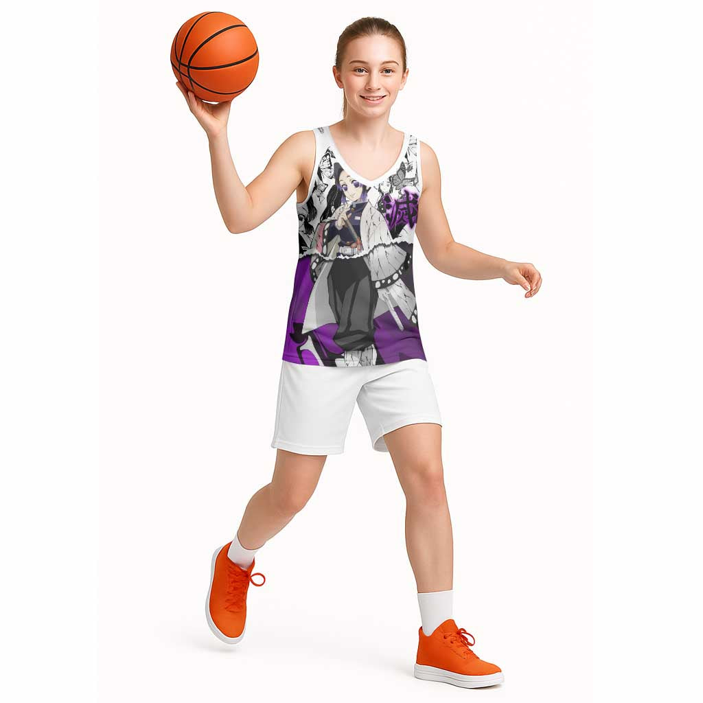 Shinobu Kocho Demon Slayer Butterfly Theme Basketball Jersey with Purple Accents and Manga Collage Design - The Mazicc