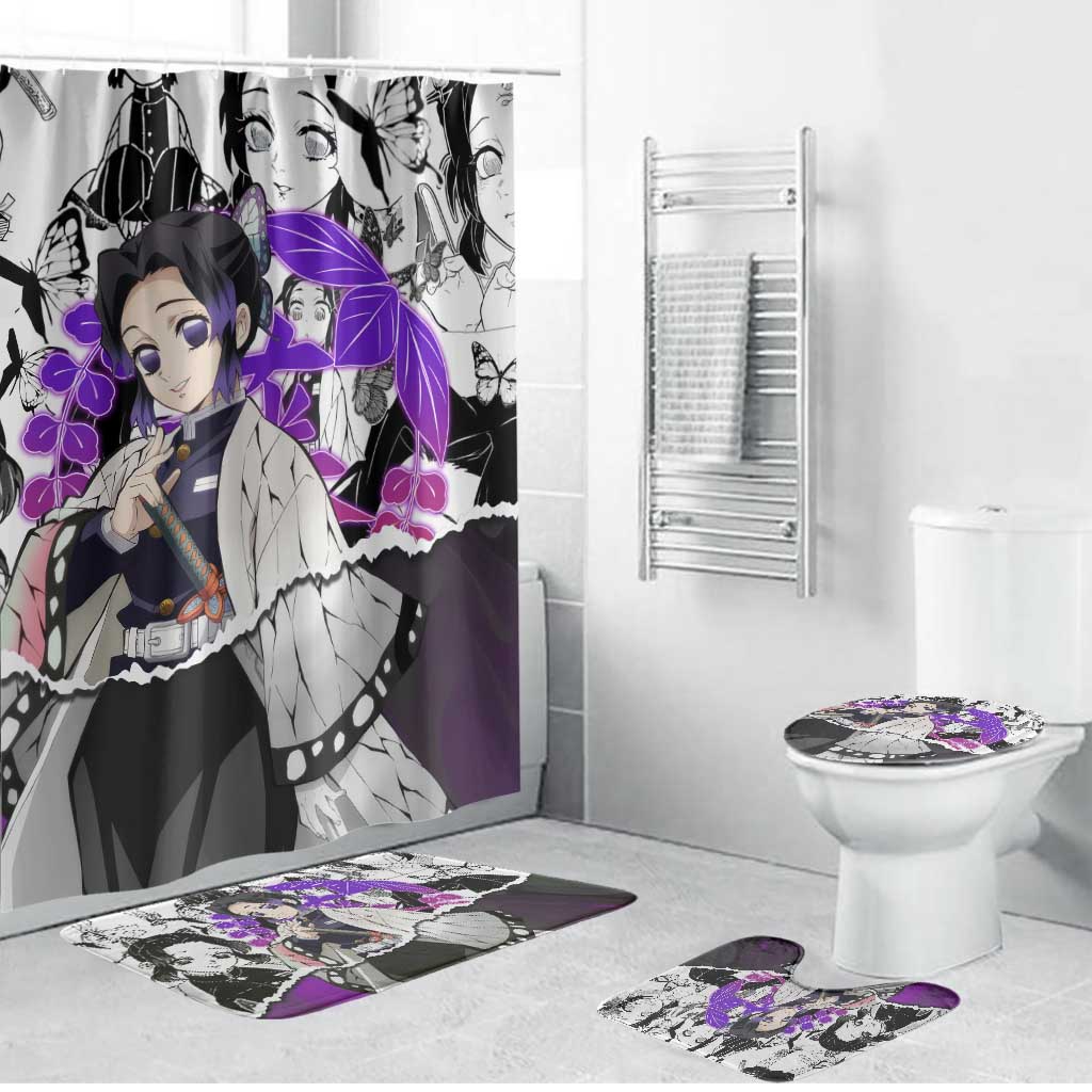 Shinobu Kocho Demon Slayer Butterfly Theme Bathroom Set with Purple Accents and Manga Collage Design - The Mazicc