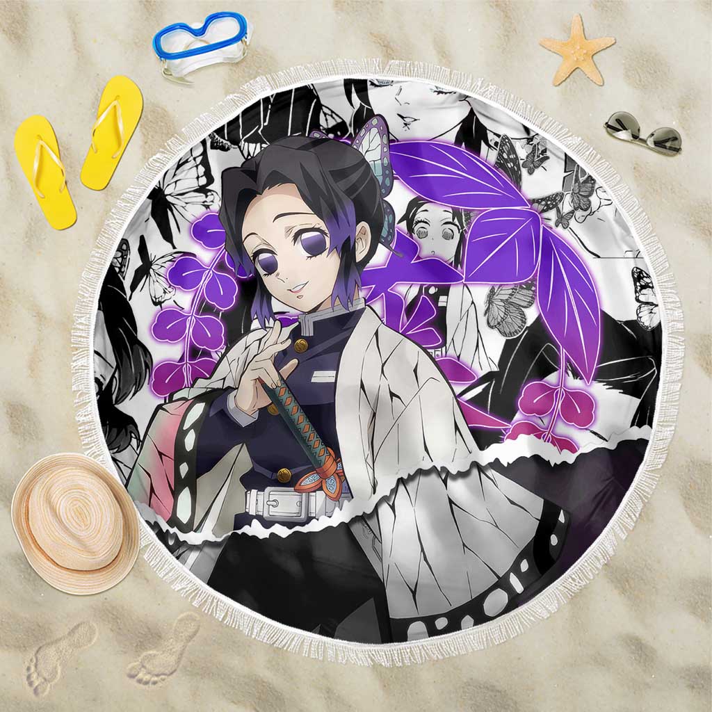Shinobu Kocho Demon Slayer Butterfly Theme Beach Blanket with Purple Accents and Manga Collage Design - The Mazicc