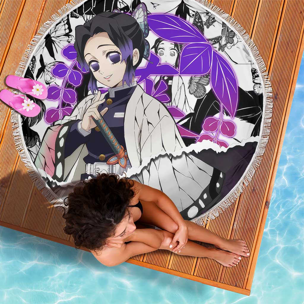 Shinobu Kocho Demon Slayer Butterfly Theme Beach Blanket with Purple Accents and Manga Collage Design - The Mazicc