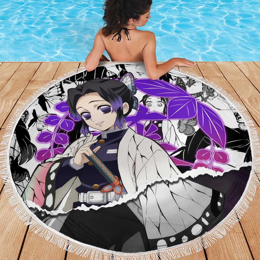 Shinobu Kocho Demon Slayer Butterfly Theme Beach Blanket with Purple Accents and Manga Collage Design - The Mazicc
