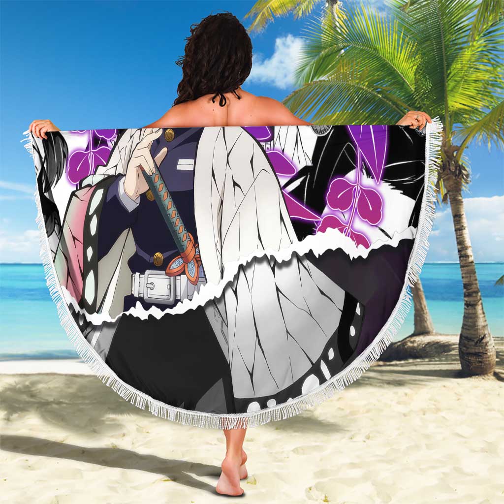 Shinobu Kocho Demon Slayer Butterfly Theme Beach Blanket with Purple Accents and Manga Collage Design - The Mazicc