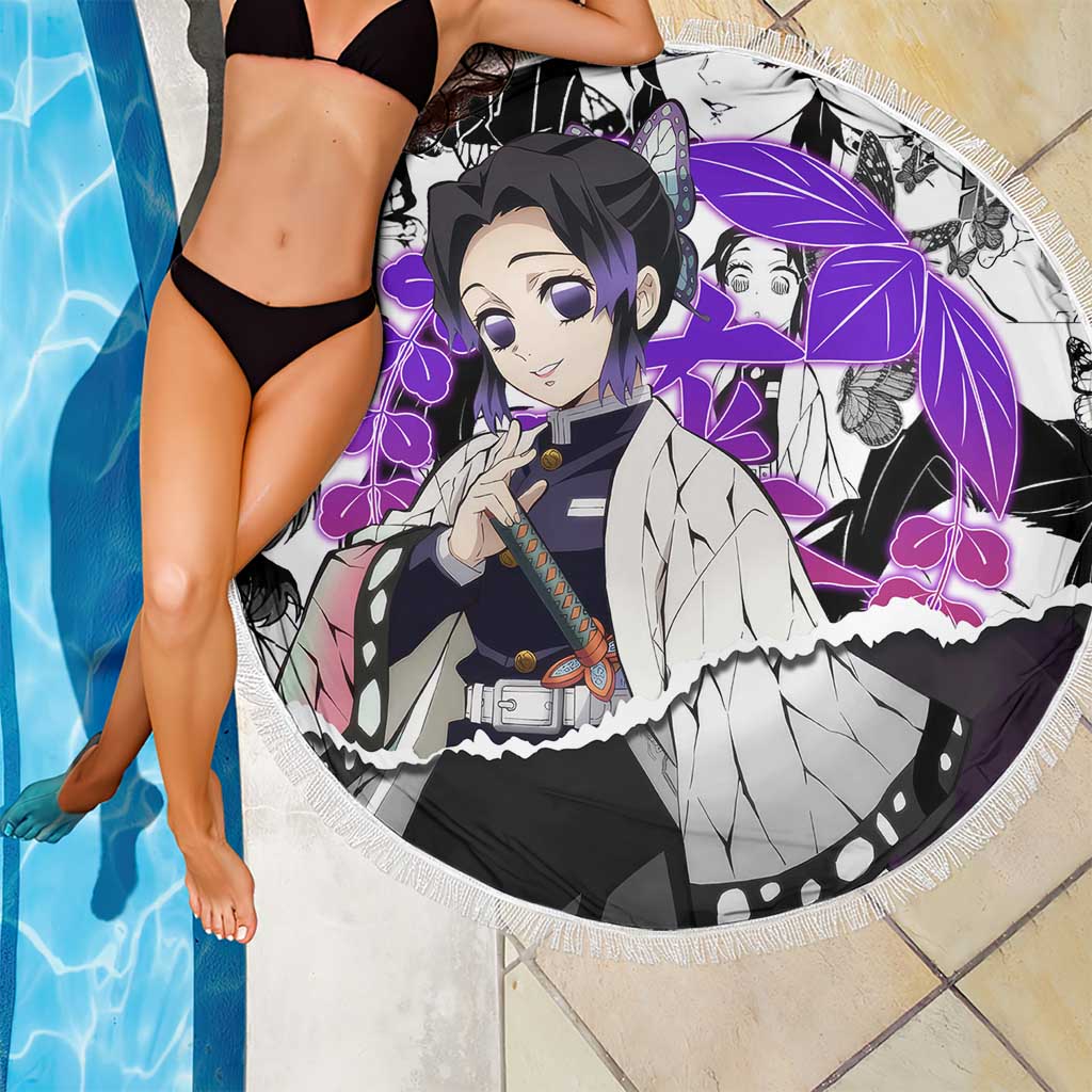 Shinobu Kocho Demon Slayer Butterfly Theme Beach Blanket with Purple Accents and Manga Collage Design - The Mazicc