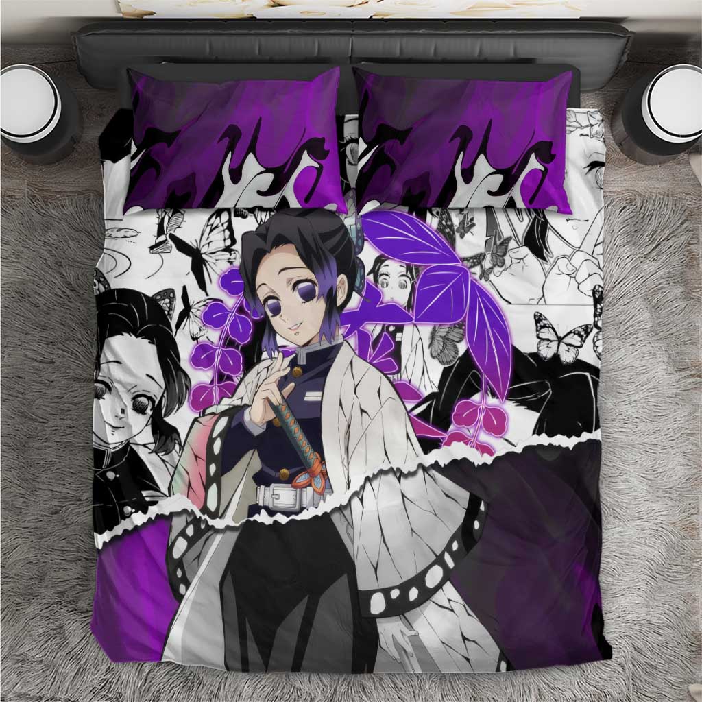 Shinobu Kocho Demon Slayer Butterfly Theme Bedding Set with Purple Accents and Manga Collage Design - The Mazicc