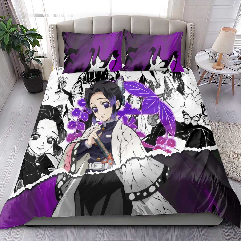 Shinobu Kocho Demon Slayer Butterfly Theme Bedding Set with Purple Accents and Manga Collage Design - The Mazicc