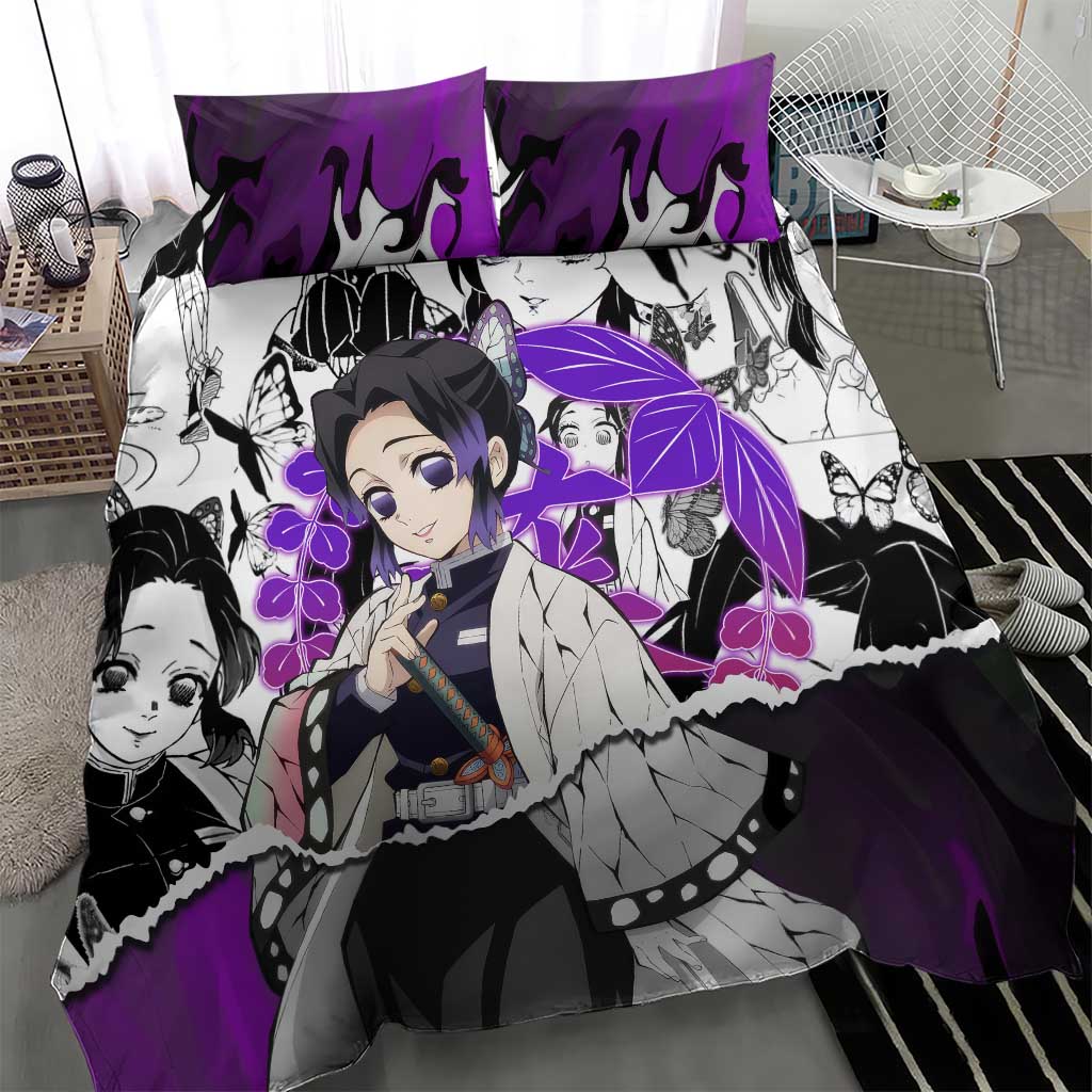 Shinobu Kocho Demon Slayer Butterfly Theme Bedding Set with Purple Accents and Manga Collage Design - The Mazicc