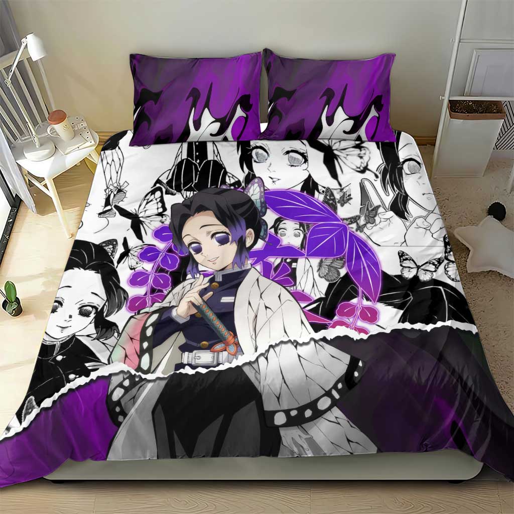 Shinobu Kocho Demon Slayer Butterfly Theme Bedding Set with Purple Accents and Manga Collage Design - The Mazicc