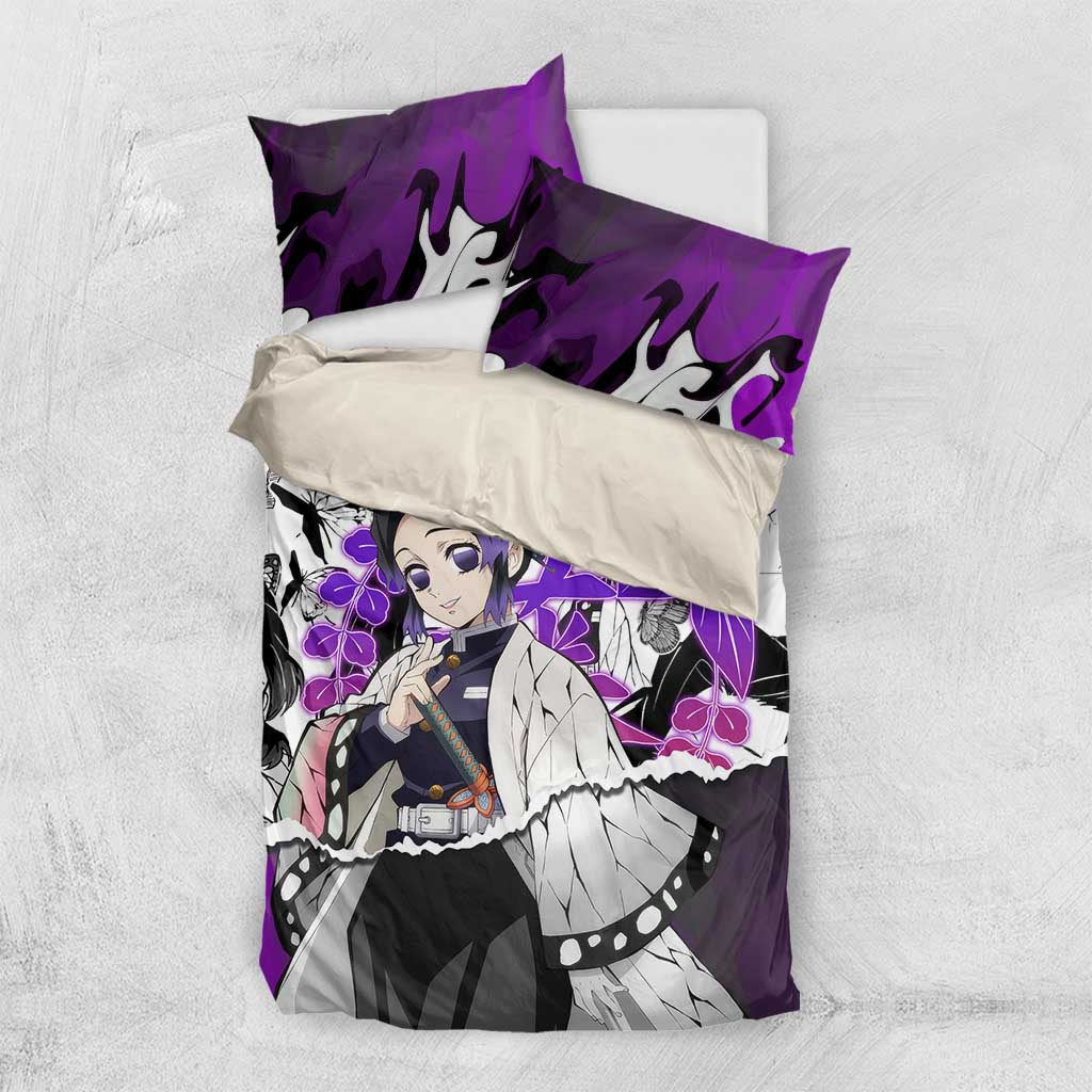Shinobu Kocho Demon Slayer Butterfly Theme Bedding Set with Purple Accents and Manga Collage Design - The Mazicc