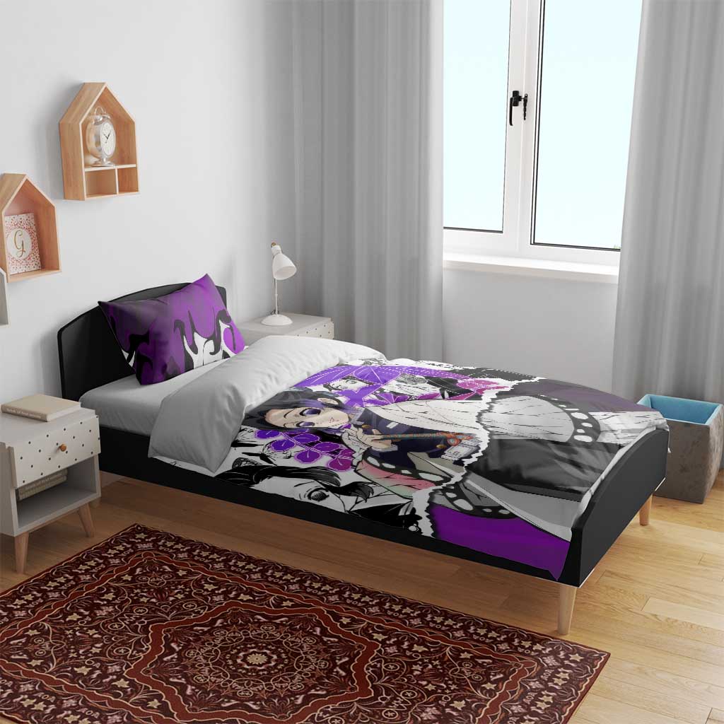 Shinobu Kocho Demon Slayer Butterfly Theme Bedding Set with Purple Accents and Manga Collage Design - The Mazicc
