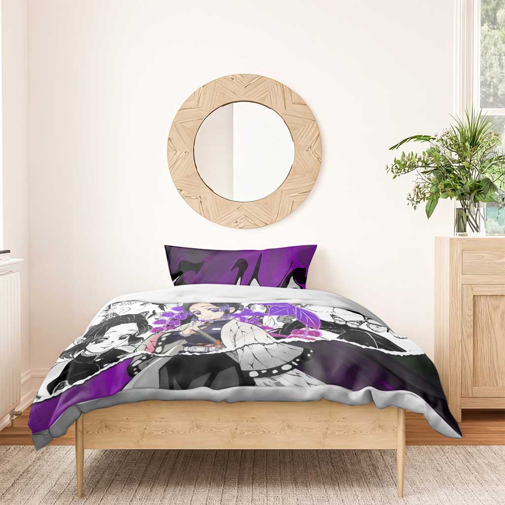 Shinobu Kocho Demon Slayer Butterfly Theme Bedding Set with Purple Accents and Manga Collage Design - The Mazicc