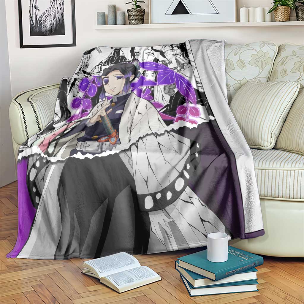 Shinobu Kocho Demon Slayer Butterfly Theme Blanket with Purple Accents and Manga Collage Design - The Mazicc