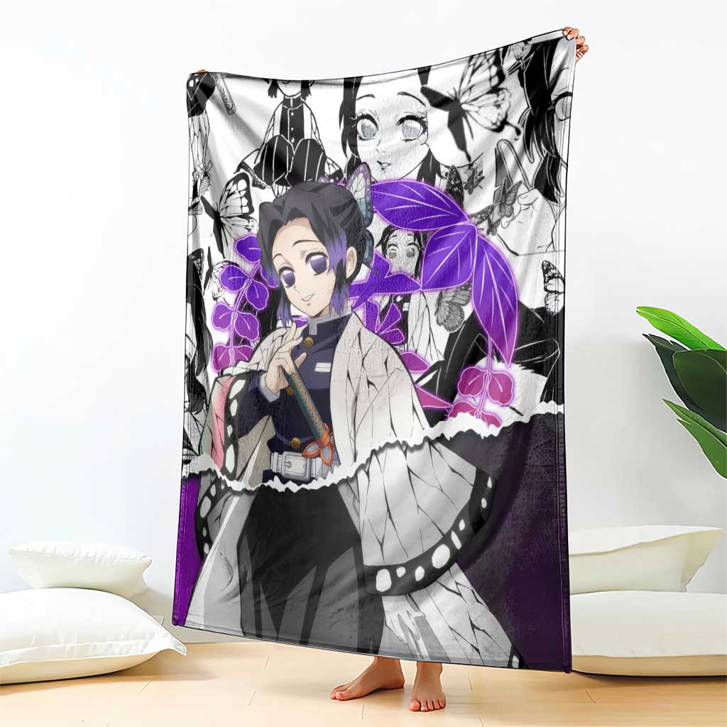 Shinobu Kocho Demon Slayer Butterfly Theme Blanket with Purple Accents and Manga Collage Design - The Mazicc