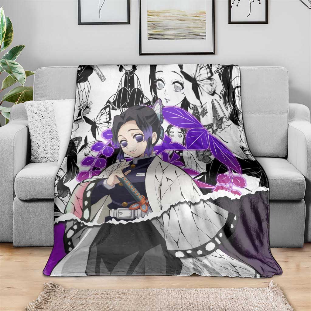 Shinobu Kocho Demon Slayer Butterfly Theme Blanket with Purple Accents and Manga Collage Design - The Mazicc