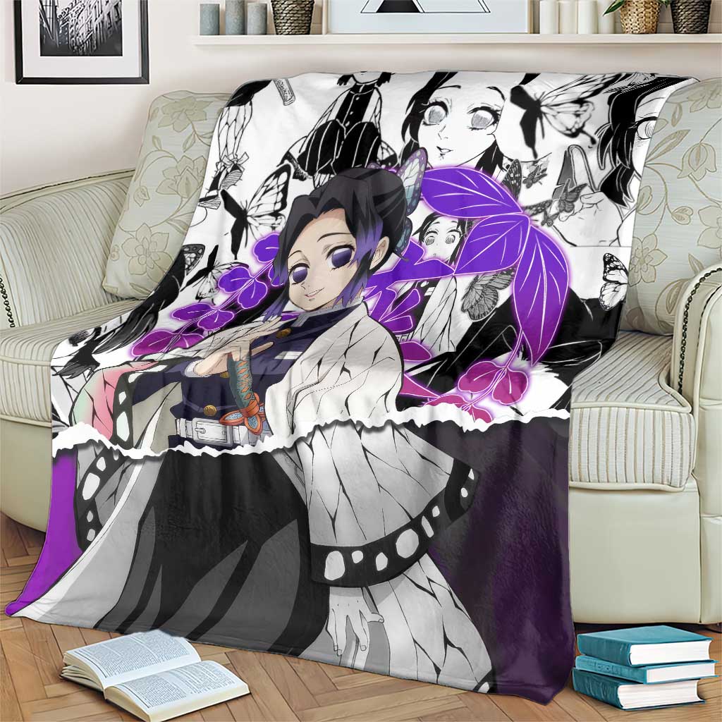 Shinobu Kocho Demon Slayer Butterfly Theme Blanket with Purple Accents and Manga Collage Design - The Mazicc