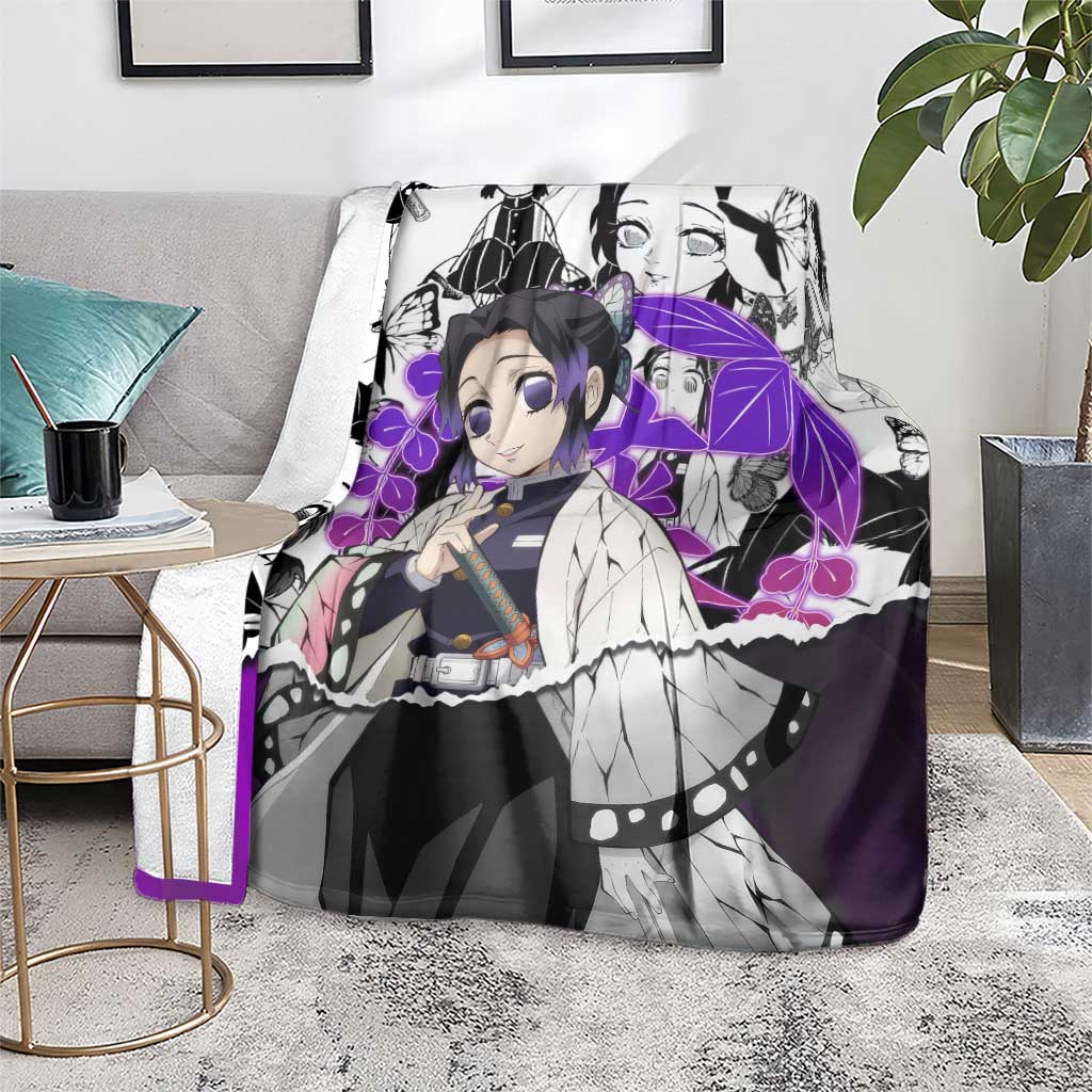 Shinobu Kocho Demon Slayer Butterfly Theme Blanket with Purple Accents and Manga Collage Design - The Mazicc
