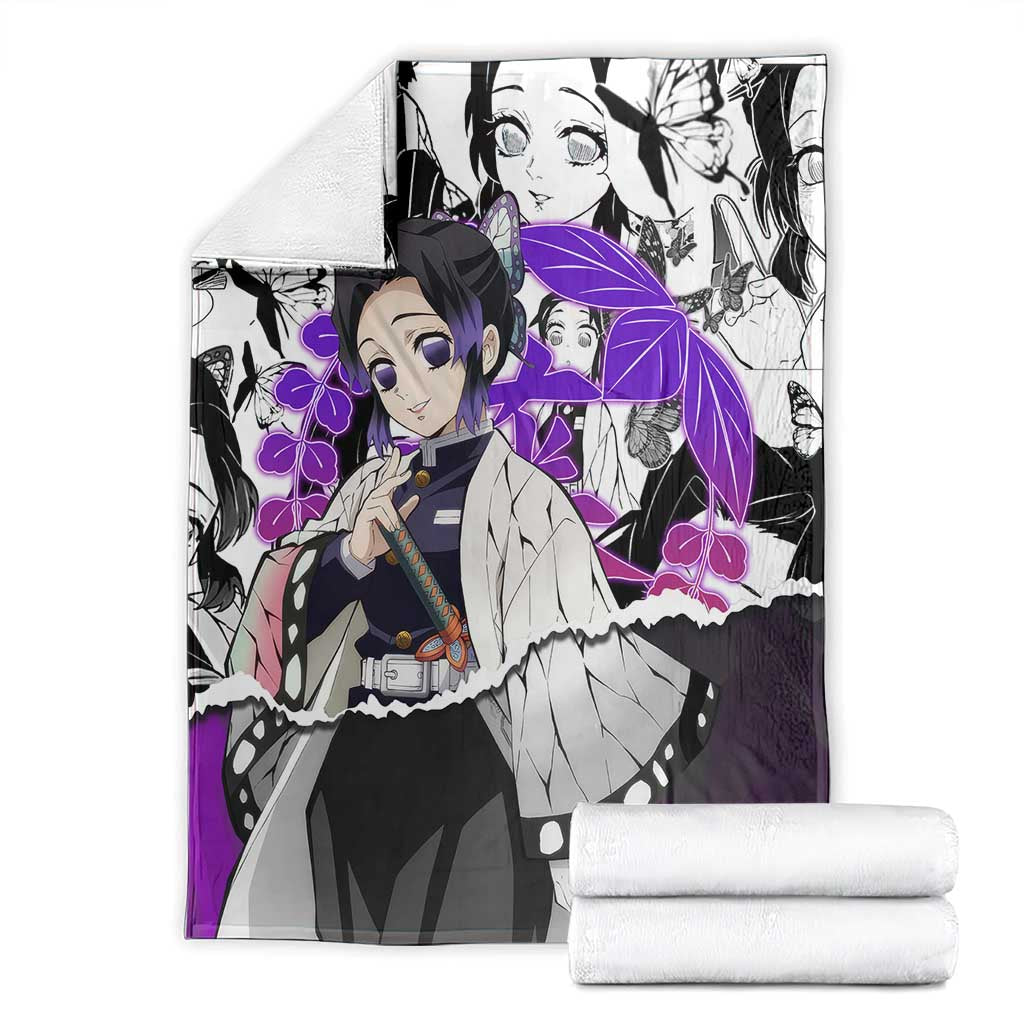 Shinobu Kocho Demon Slayer Butterfly Theme Blanket with Purple Accents and Manga Collage Design - The Mazicc