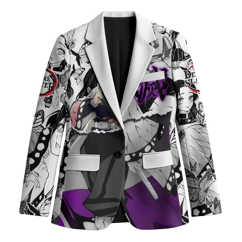 Shinobu Kocho Demon Slayer Butterfly Theme Blazer with Purple Accents and Manga Collage Design - The Mazicc