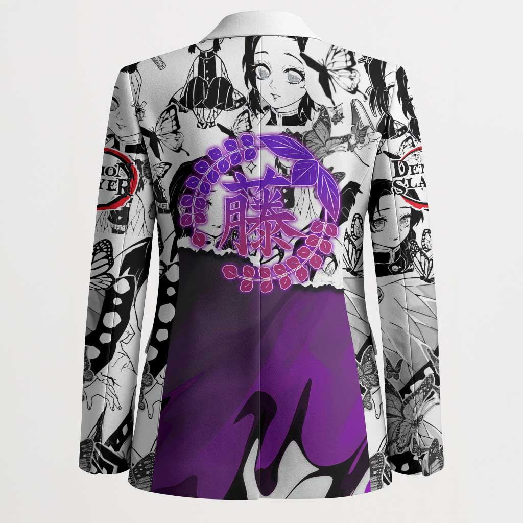 Shinobu Kocho Demon Slayer Butterfly Theme Blazer with Purple Accents and Manga Collage Design - The Mazicc