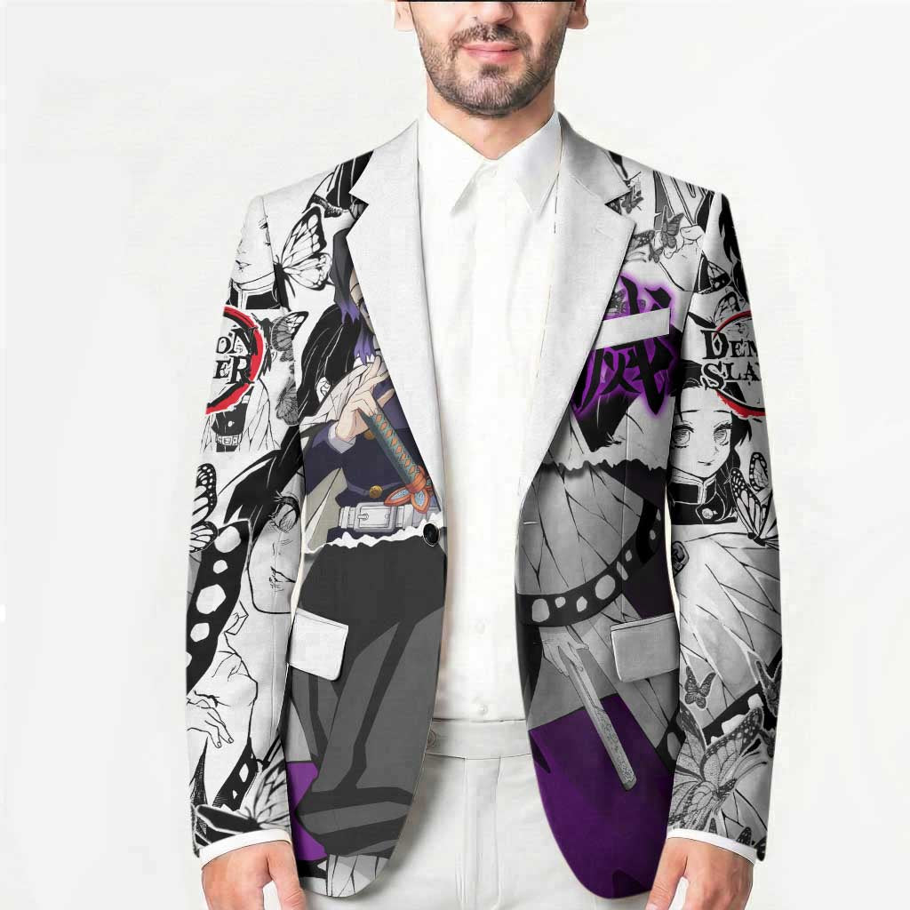 Shinobu Kocho Demon Slayer Butterfly Theme Blazer with Purple Accents and Manga Collage Design - The Mazicc