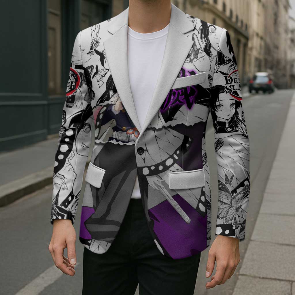 Shinobu Kocho Demon Slayer Butterfly Theme Blazer with Purple Accents and Manga Collage Design - The Mazicc