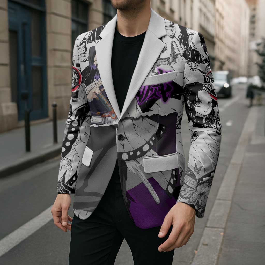 Shinobu Kocho Demon Slayer Butterfly Theme Blazer with Purple Accents and Manga Collage Design - The Mazicc