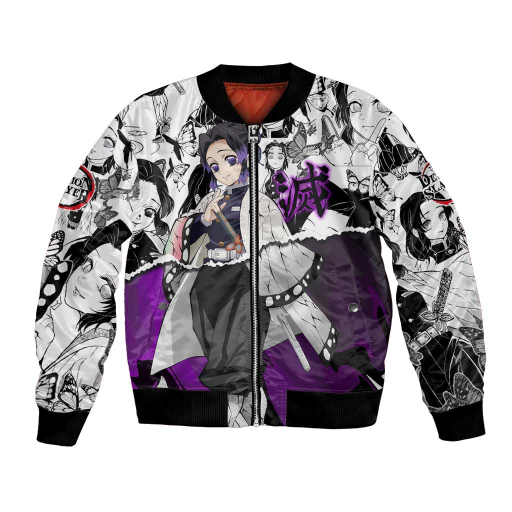 Shinobu Kocho Demon Slayer Butterfly Theme Bomber Jacket with Purple Accents and Manga Collage Design - The Mazicc