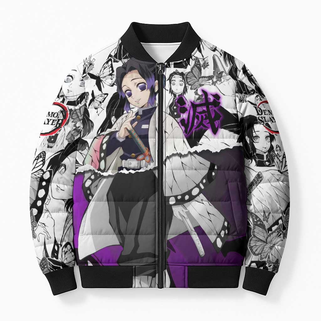 Shinobu Kocho Demon Slayer Butterfly Theme Bomber Puffer Jacket with Purple Accents and Manga Collage Design - The Mazicc
