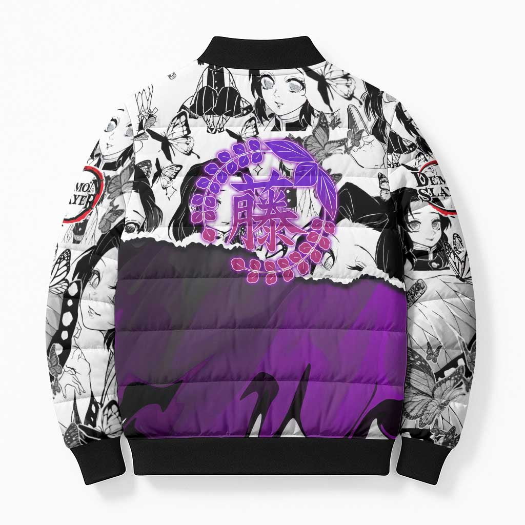 Shinobu Kocho Demon Slayer Butterfly Theme Bomber Puffer Jacket with Purple Accents and Manga Collage Design - The Mazicc