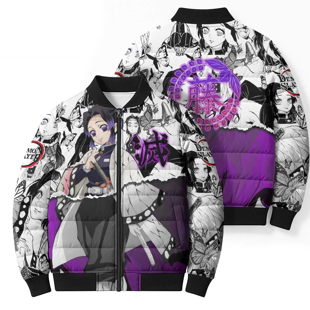 Shinobu Kocho Demon Slayer Butterfly Theme Bomber Puffer Jacket with Purple Accents and Manga Collage Design - The Mazicc