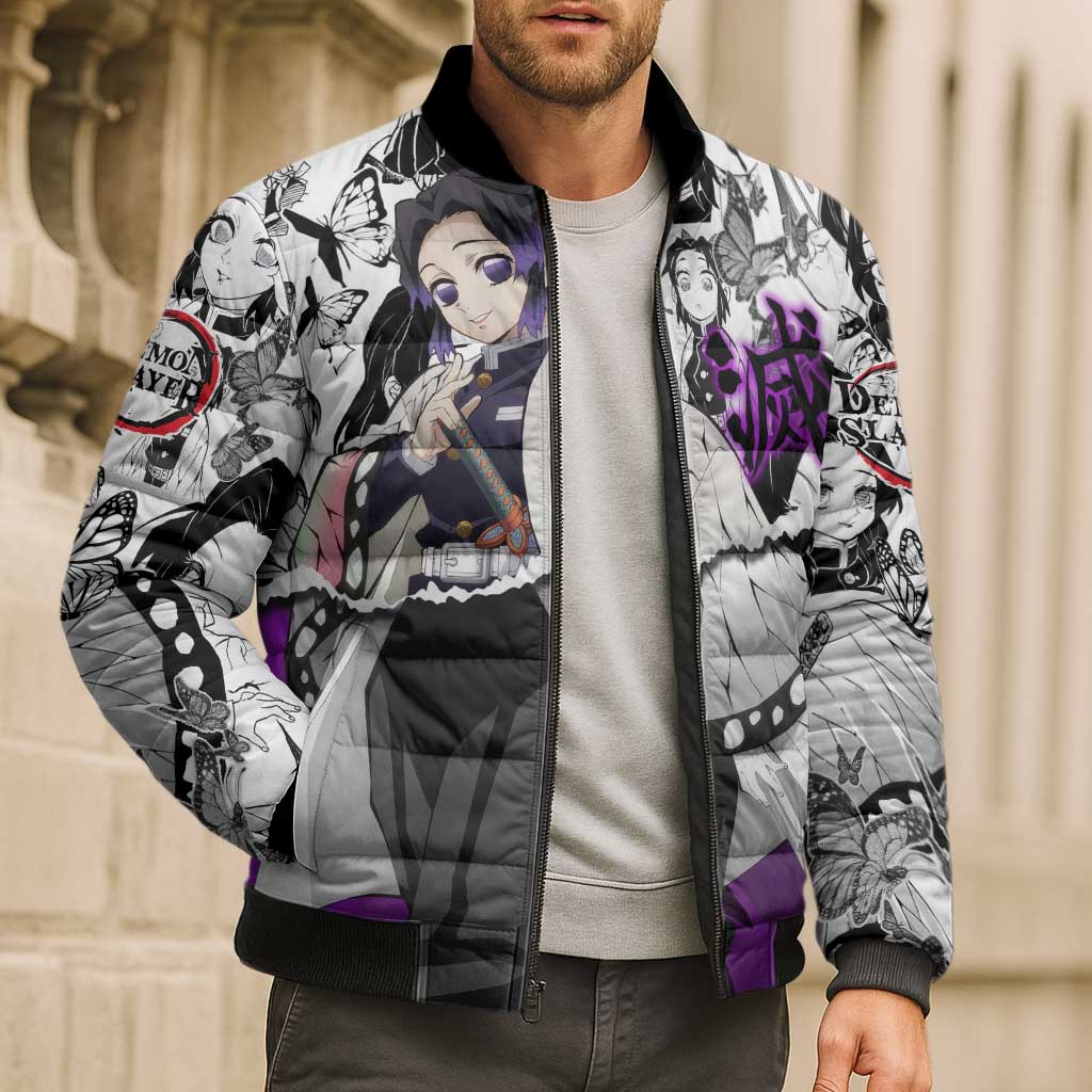 Shinobu Kocho Demon Slayer Butterfly Theme Bomber Puffer Jacket with Purple Accents and Manga Collage Design - The Mazicc
