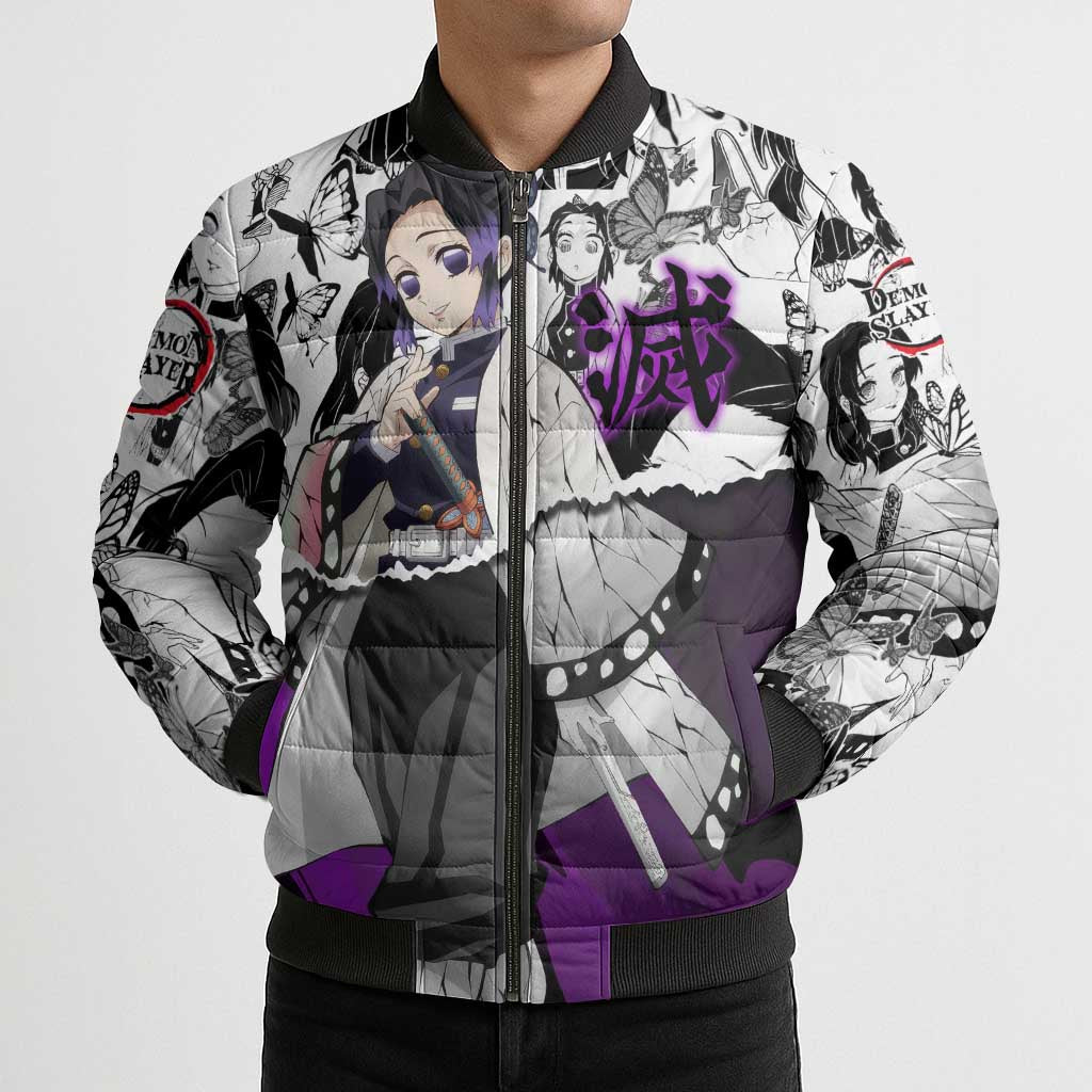 Shinobu Kocho Demon Slayer Butterfly Theme Bomber Puffer Jacket with Purple Accents and Manga Collage Design - The Mazicc