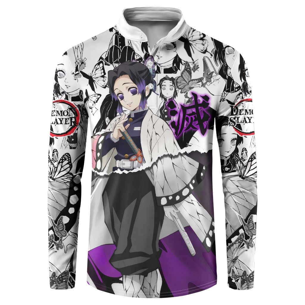 Shinobu Kocho Demon Slayer Butterfly Theme Button Sweatshirt with Purple Accents and Manga Collage Design - The Mazicc